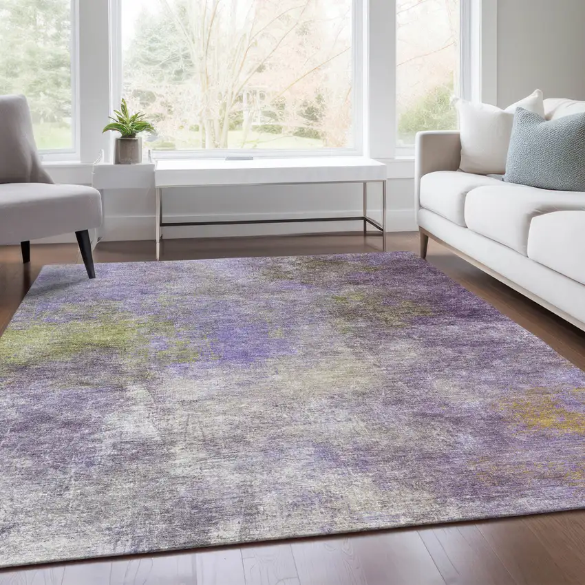 Purple And Olive Green Abstract Washable Indoor Outdoor Area Rug Photo 5