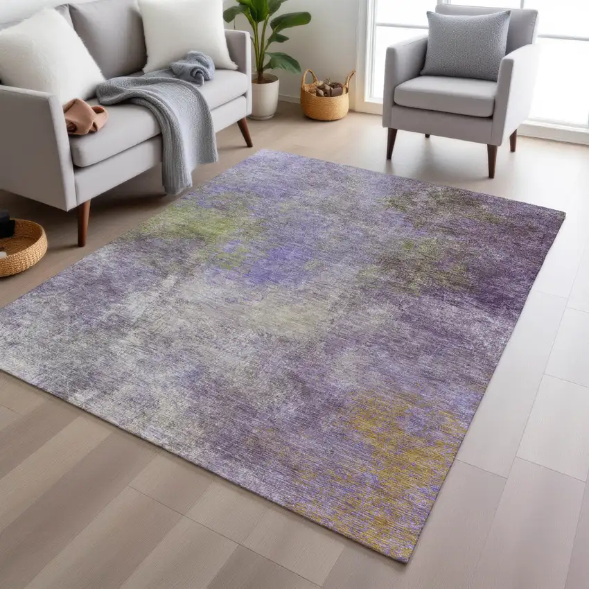 Purple And Olive Green Abstract Washable Indoor Outdoor Area Rug Photo 4