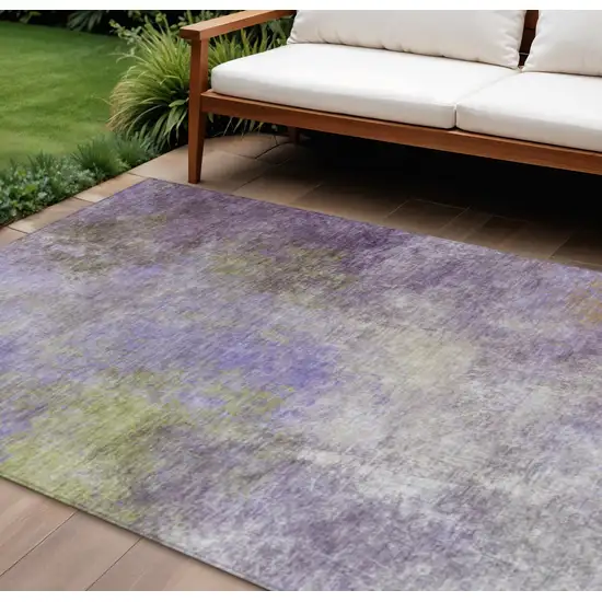 Purple And Olive Green Abstract Washable Indoor Outdoor Area Rug Photo 2