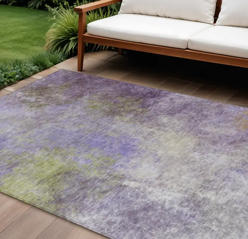 Purple And Olive Green Abstract Washable Indoor Outdoor Area Rug Photo 2