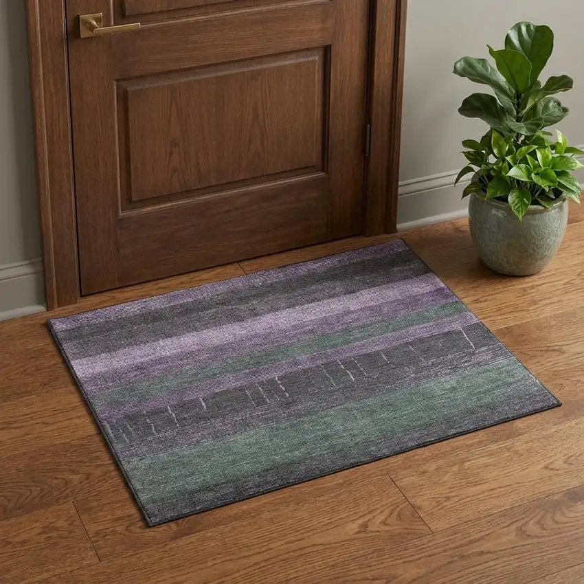 Purple And Olive Green Striped Washable Area Rug With UV Protection Photo 1