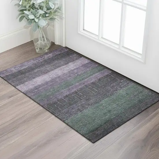 Purple And Olive Green Striped Washable Area Rug With UV Protection Photo 2