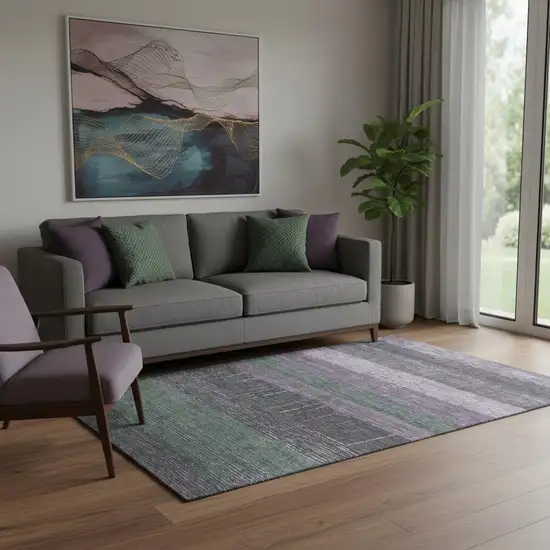 Purple And Olive Green Striped Washable Area Rug With UV Protection Photo 2