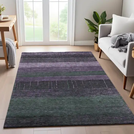 Purple And Olive Green Striped Washable Area Rug With UV Protection Photo 5