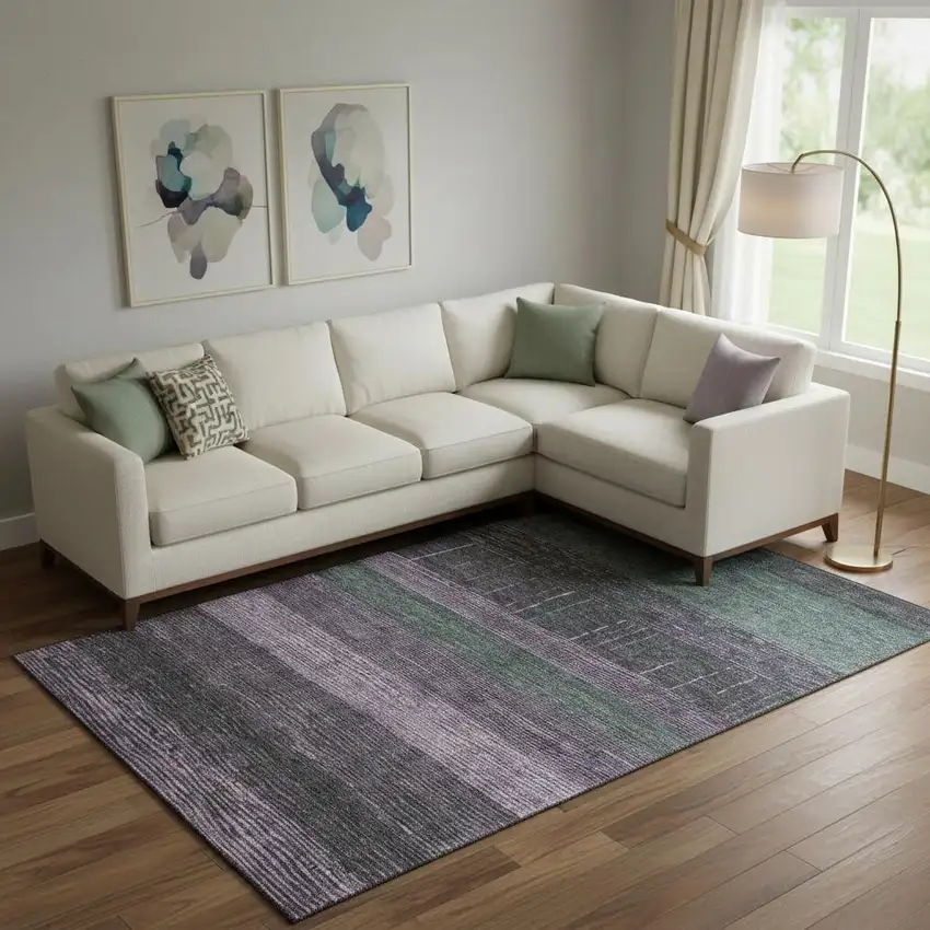 Purple And Olive Green Striped Washable Area Rug With UV Protection Photo 2