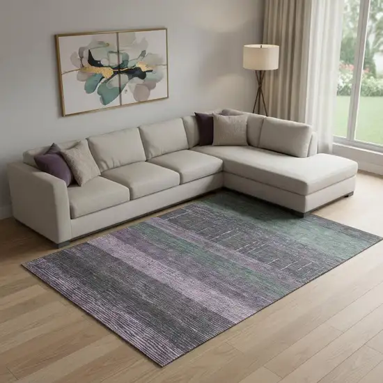 Purple And Olive Green Striped Washable Area Rug With UV Protection Photo 2