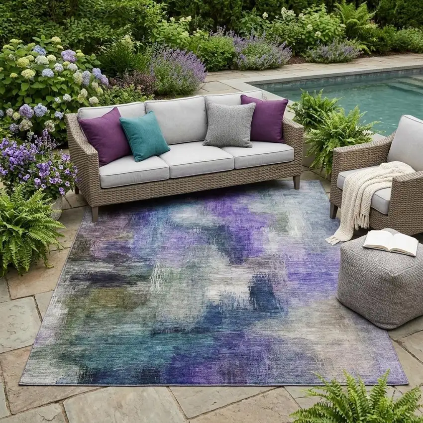 Purple And Pewter Abstract Washable Indoor Outdoor Area Rug Photo 1