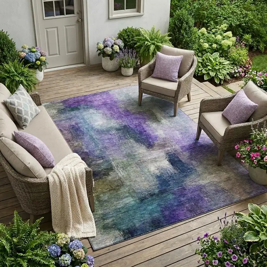 Purple And Pewter Abstract Washable Indoor Outdoor Area Rug Photo 1