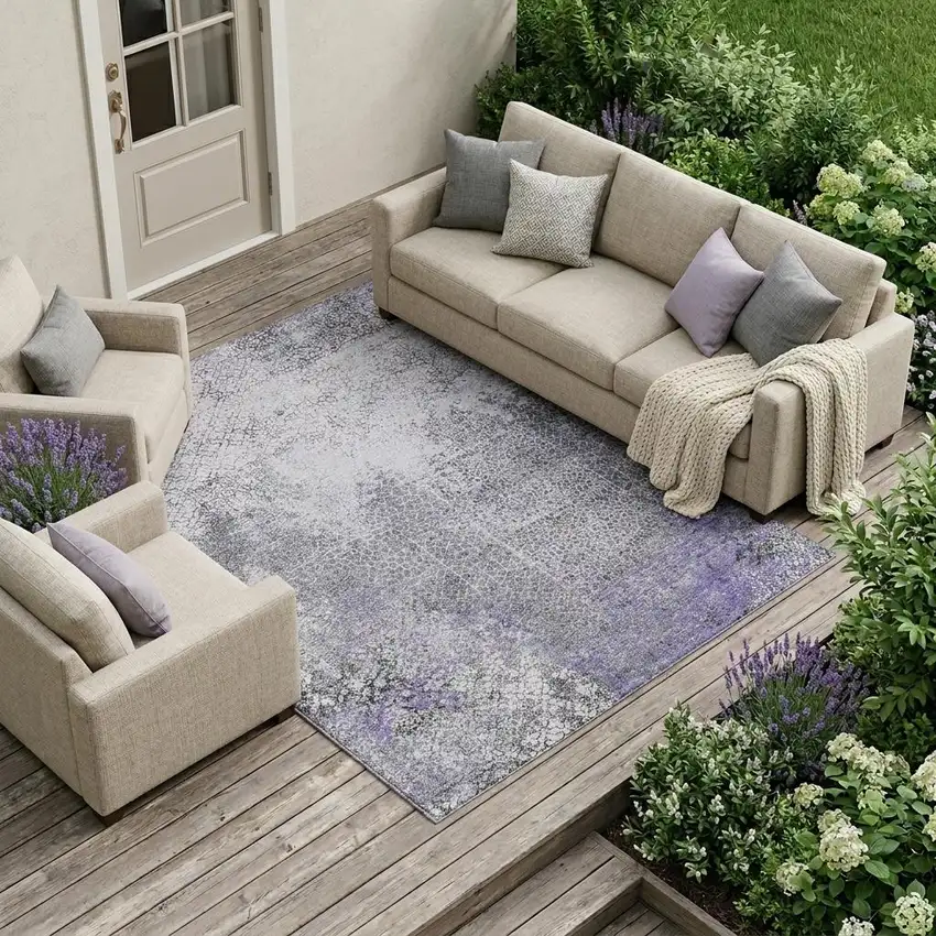 Purple And Pewter Abstract Washable Indoor Outdoor Area Rug Photo 1
