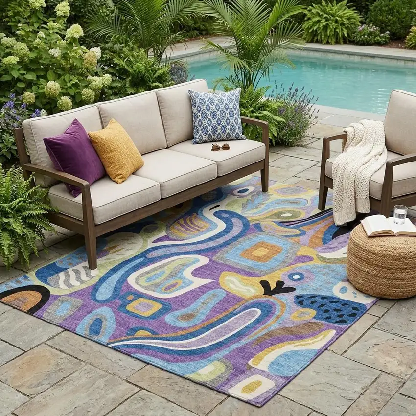 Purple And Plum Abstract Washable Indoor Outdoor Area Rug Photo 1