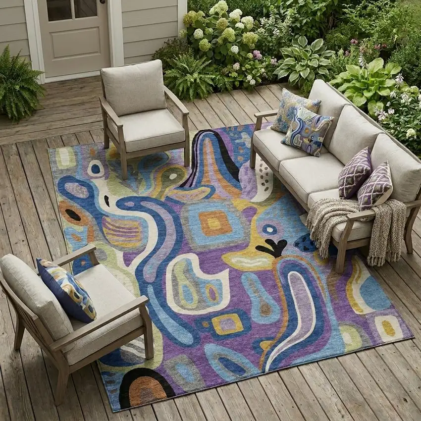Purple And Plum Abstract Washable Indoor Outdoor Area Rug Photo 1