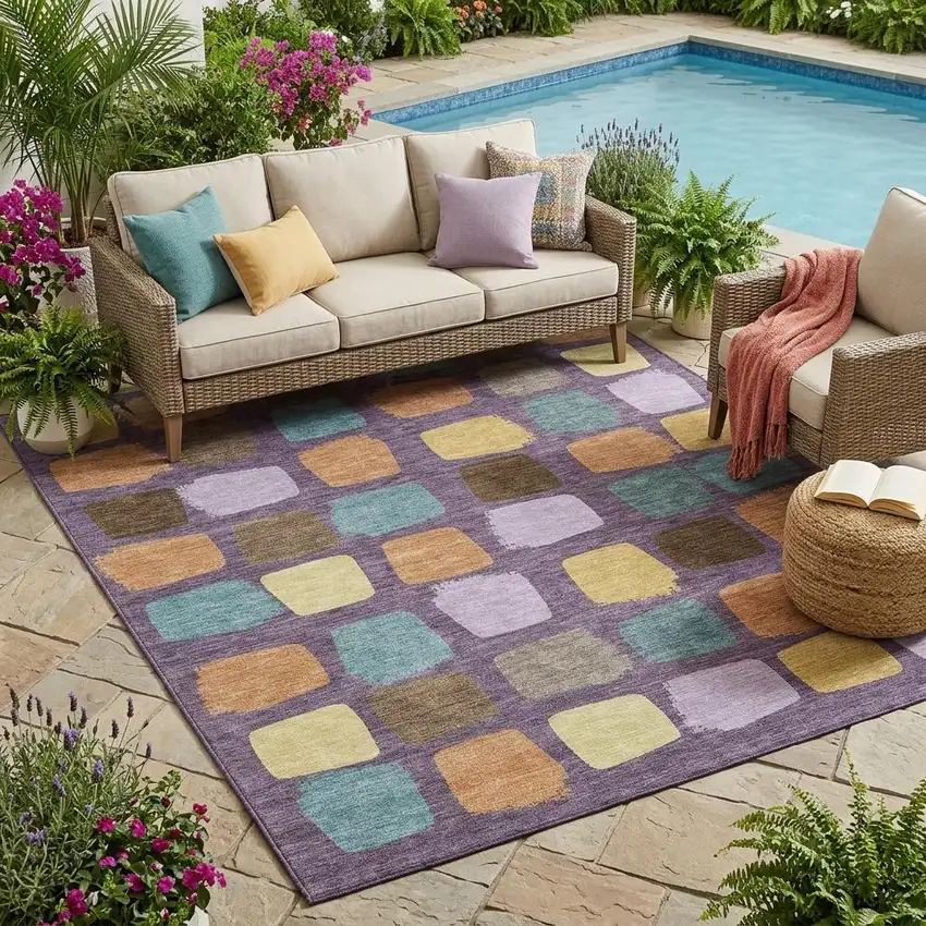 Purple And Plum Geometric Washable Indoor Outdoor Area Rug Photo 1