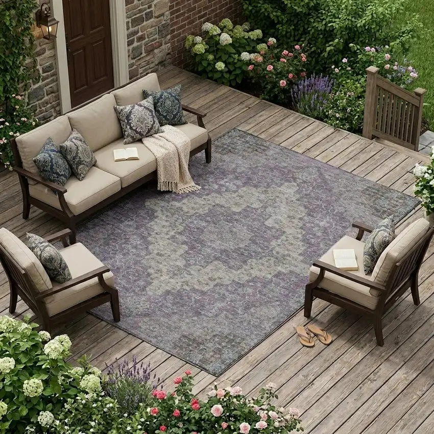 Purple And Plum Medallion Washable Indoor Outdoor Area Rug Photo 1