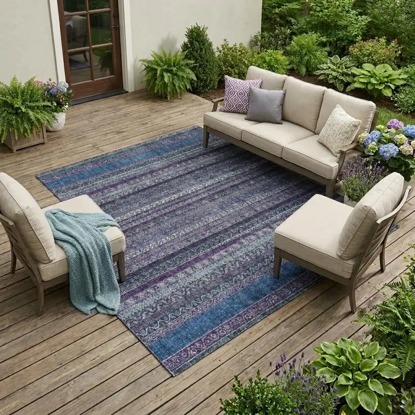 Purple And Plum Striped Washable Indoor Outdoor Area Rug Photo 1