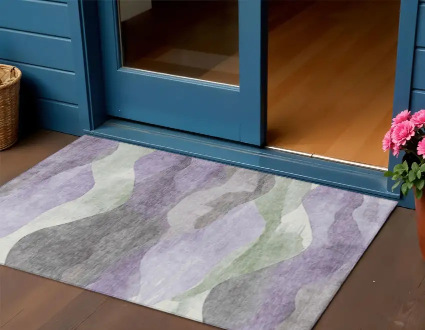 Purple And Sage Abstract Washable Indoor Outdoor Area Rug Photo 2