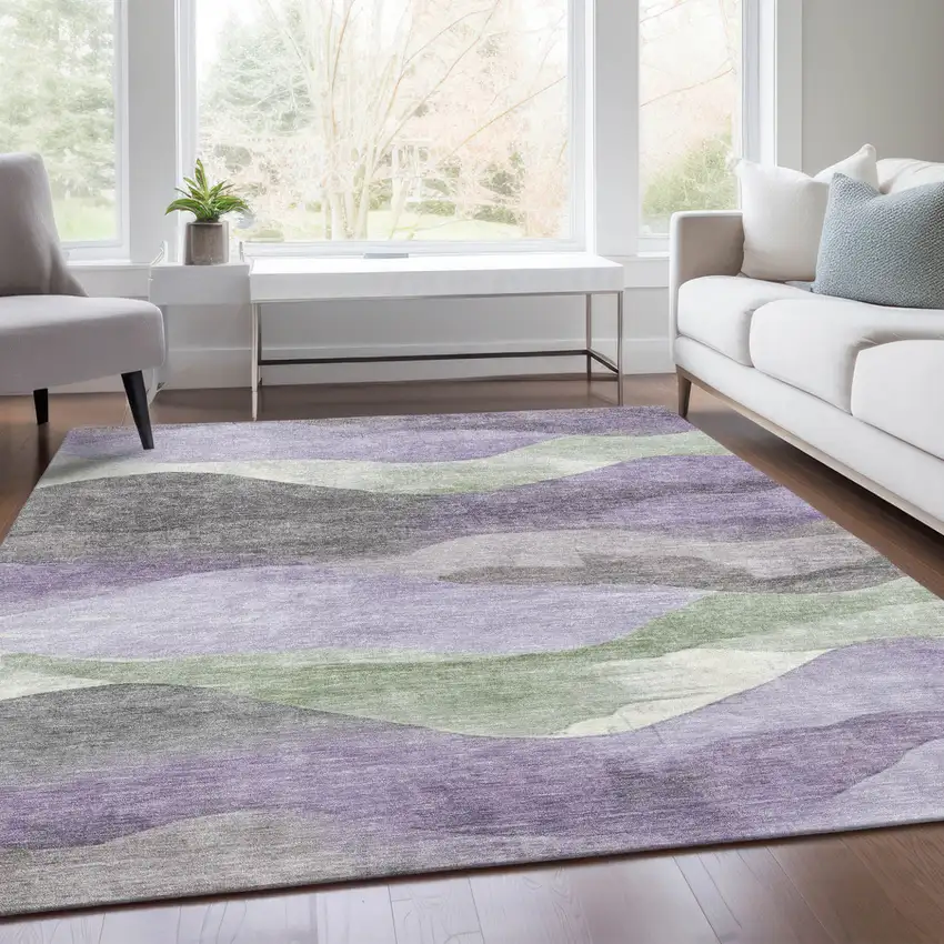 Purple And Sage Abstract Washable Indoor Outdoor Area Rug Photo 6