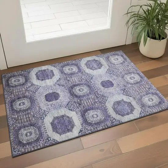 Purple And Silver Abstract Geometric Washable Area Rug With UV Protection Photo 2