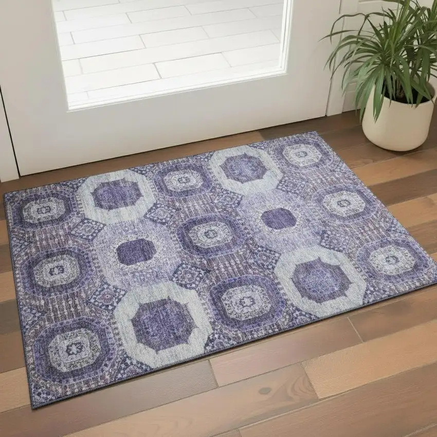 Purple And Silver Abstract Geometric Washable Area Rug With UV Protection Photo 2