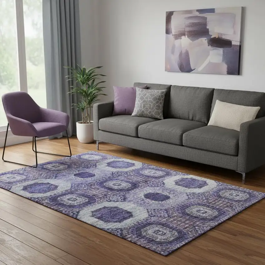 Purple And Silver Abstract Geometric Washable Area Rug With UV Protection Photo 2