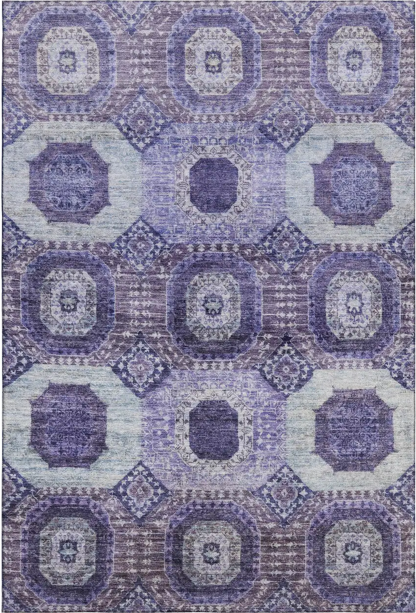 Purple And Silver Abstract Geometric Washable Area Rug With UV Protection Photo 1