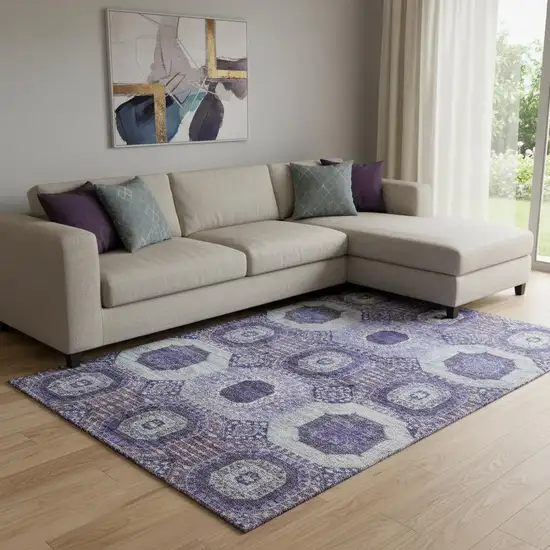 Purple And Silver Abstract Geometric Washable Area Rug With UV Protection Photo 2