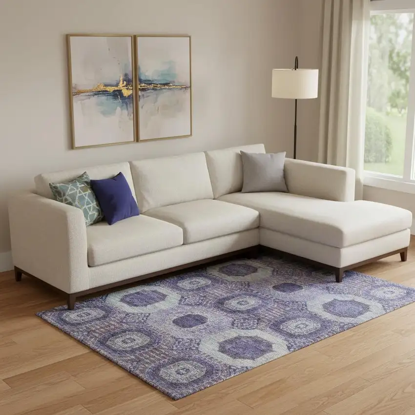 Purple And Silver Abstract Geometric Washable Area Rug With UV Protection Photo 2