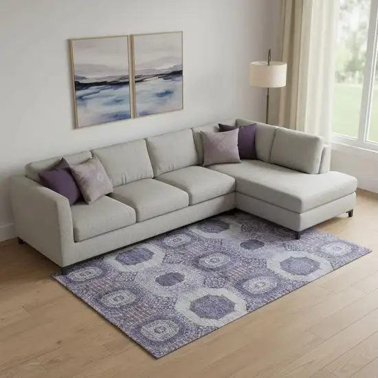 Purple And Silver Abstract Geometric Washable Area Rug With UV Protection Photo 2