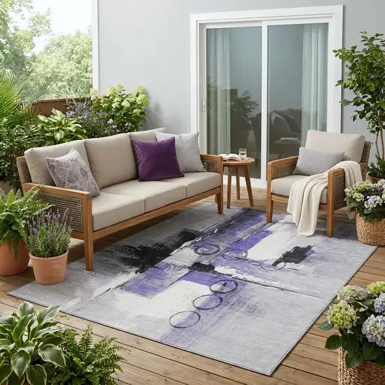 Purple And Silver Abstract Washable Indoor Outdoor Area Rug Photo 1