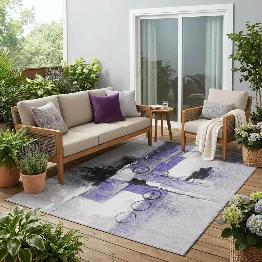 Purple And Silver Abstract Washable Indoor Outdoor Area Rug Photo 1