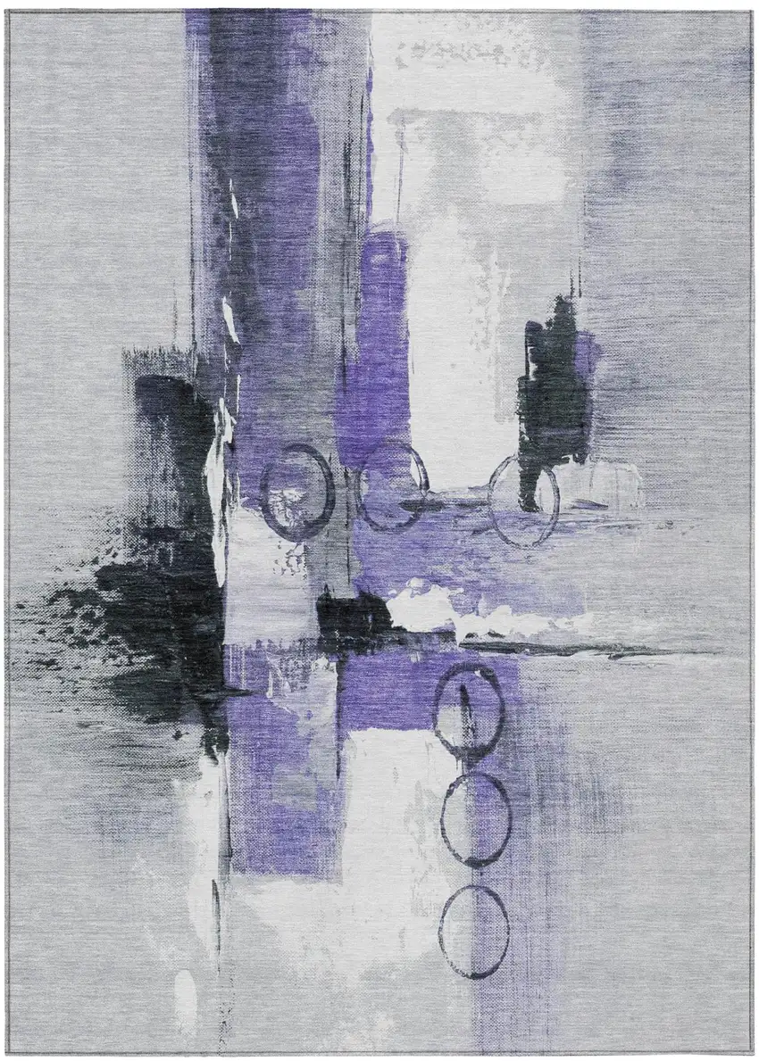 Purple And Silver Abstract Washable Indoor Outdoor Area Rug Photo 2