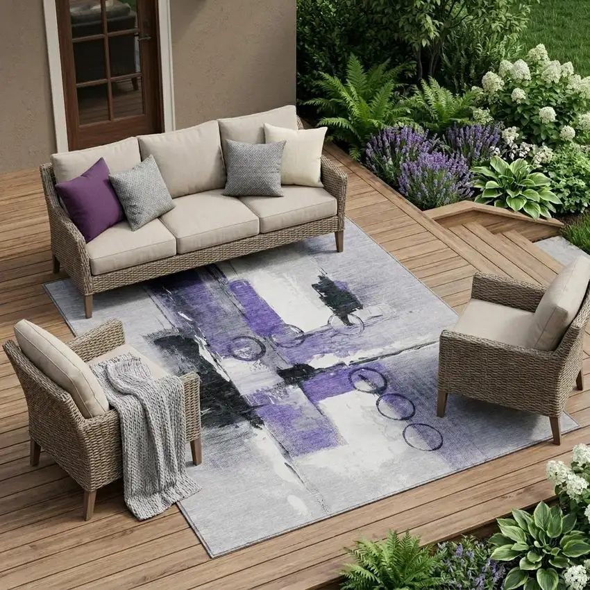 Purple And Silver Abstract Washable Indoor Outdoor Area Rug Photo 1