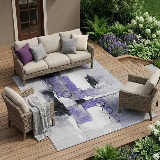 Purple And Silver Abstract Washable Indoor Outdoor Area Rug Photo 1