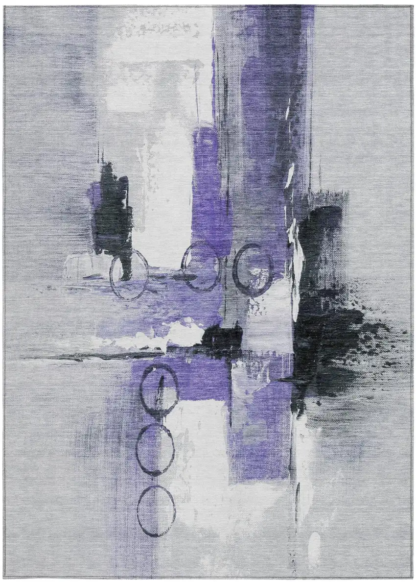 Purple And Silver Abstract Washable Indoor Outdoor Area Rug Photo 4