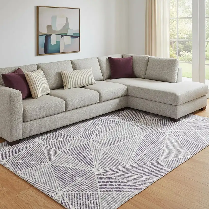 Purple And Silver Geometric Washable Area Rug With UV Protection Photo 1