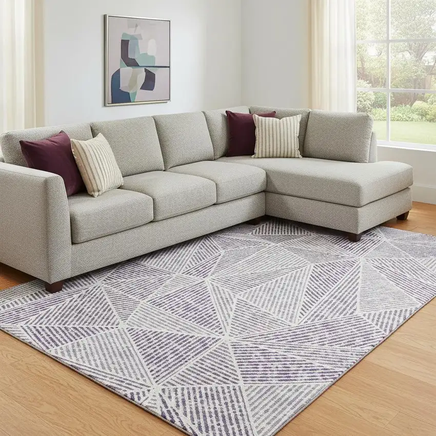 Purple And Silver Geometric Washable Area Rug With UV Protection Photo 1