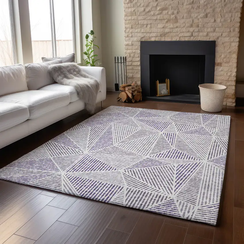 Purple And Silver Geometric Washable Area Rug With UV Protection Photo 6