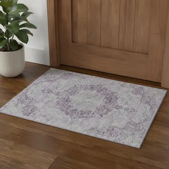 Purple And Silver Oriental Washable Area Rug With UV Protection Photo 1