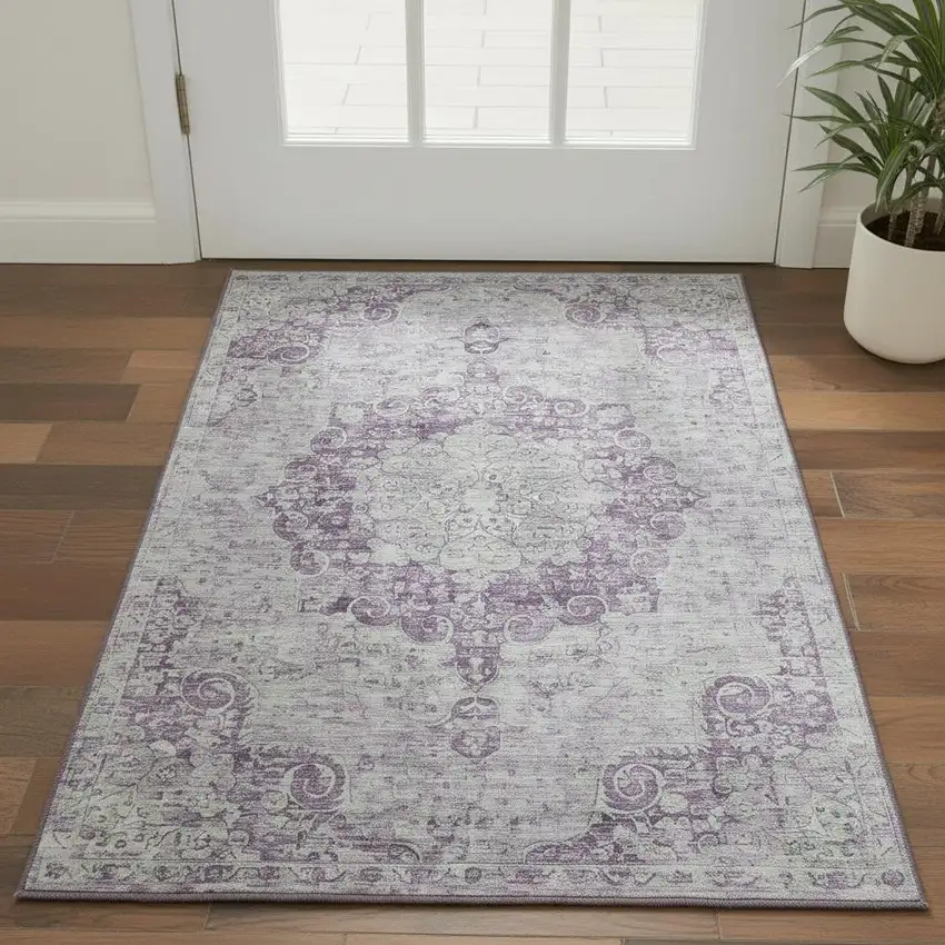 Purple And Silver Oriental Washable Area Rug With UV Protection Photo 2