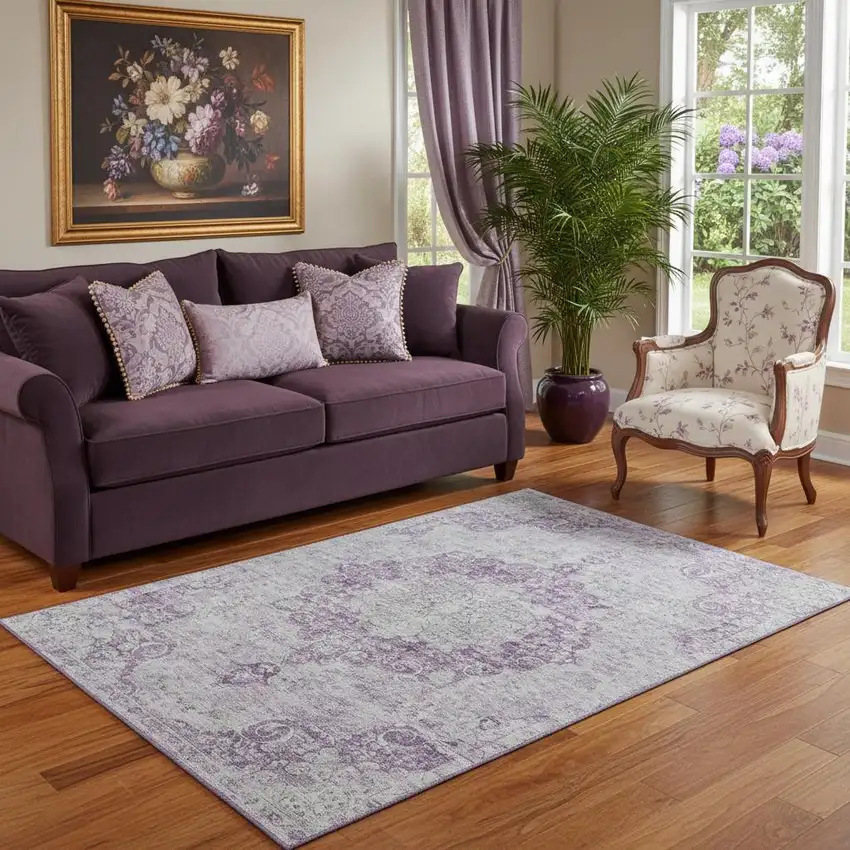 Purple And Silver Oriental Washable Area Rug With UV Protection Photo 2
