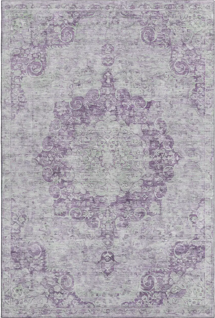 Purple And Silver Oriental Washable Area Rug With UV Protection Photo 1