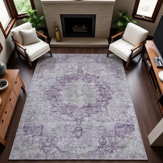 Purple And Silver Oriental Washable Area Rug With UV Protection Photo 5