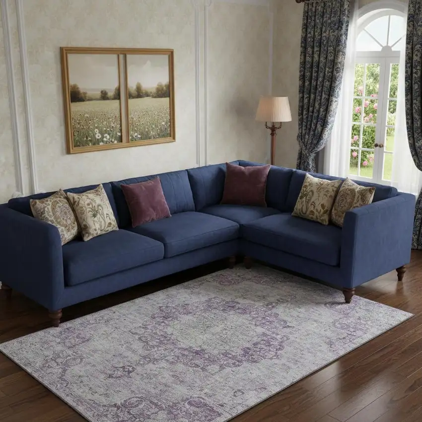 Purple And Silver Oriental Washable Area Rug With UV Protection Photo 2