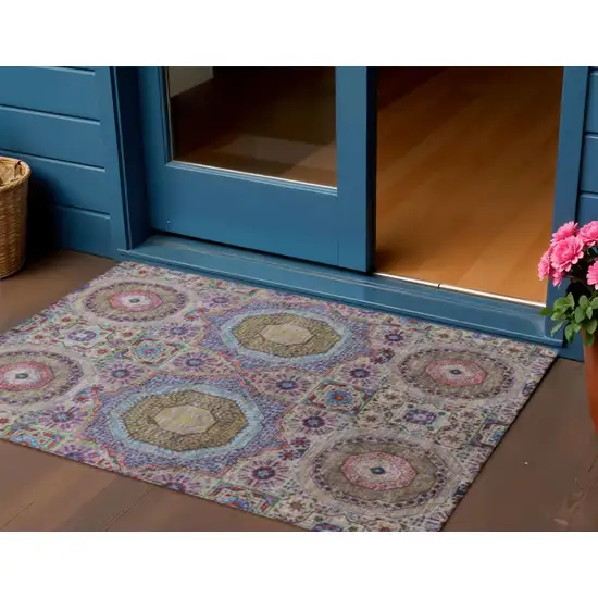 Purple And Teal Blue Medallion Washable Indoor Outdoor Area Rug Photo 2
