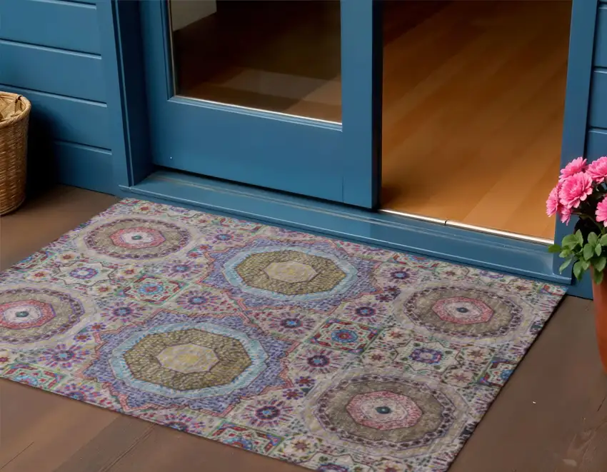 Purple And Teal Blue Medallion Washable Indoor Outdoor Area Rug Photo 2