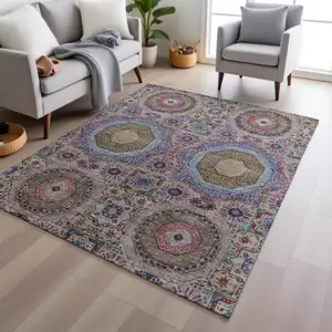 Photo of Purple And Teal Blue Medallion Washable Indoor Outdoor Area Rug