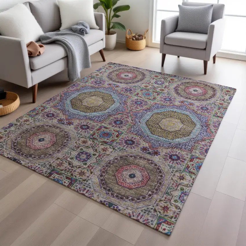 Purple And Teal Blue Medallion Washable Indoor Outdoor Area Rug Photo 6