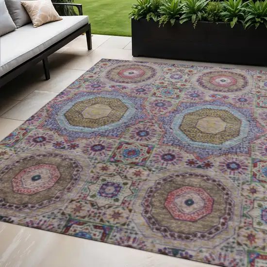 Purple And Teal Blue Medallion Washable Indoor Outdoor Area Rug Photo 2