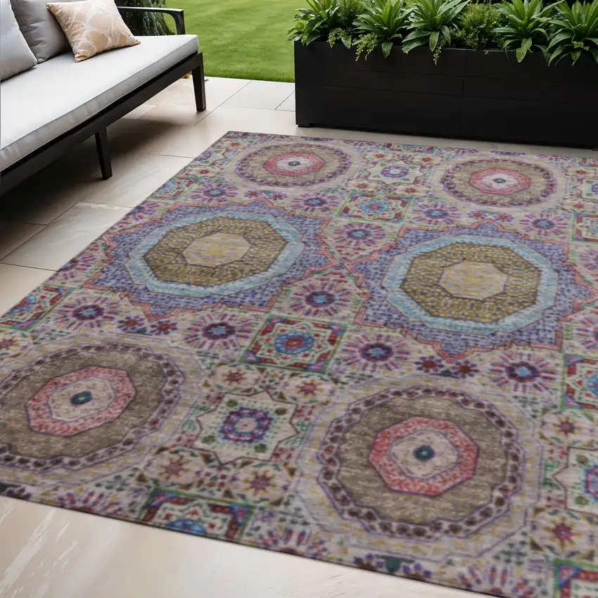 Purple And Teal Blue Medallion Washable Indoor Outdoor Area Rug Photo 2