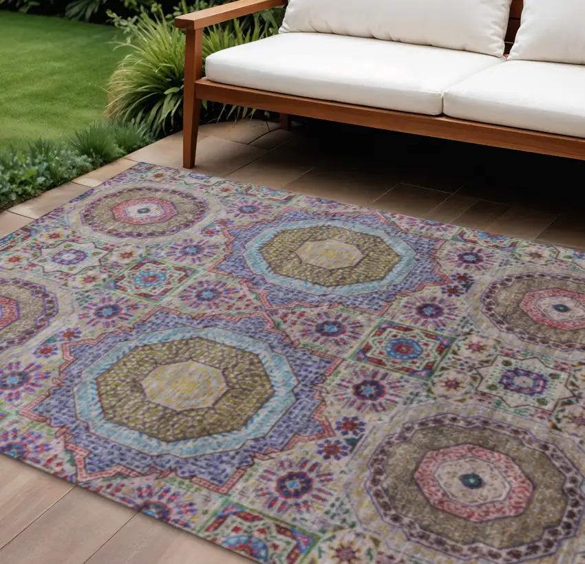 Purple And Teal Blue Medallion Washable Indoor Outdoor Area Rug Photo 2