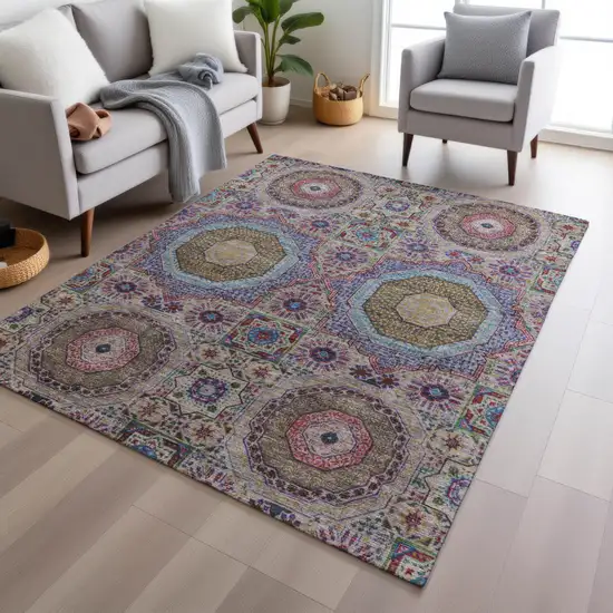 Purple And Teal Blue Medallion Washable Indoor Outdoor Area Rug Photo 6